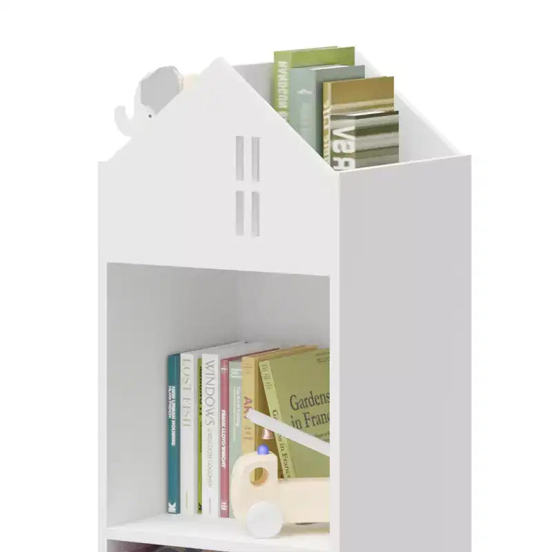 Libreria a Casetta per Bambini con Contenitore, Scaffale per Bambini, Organizzatore Espositivo a 2 Livelli con 2 Cassetti in Tessuto Pieghevoli per Camera da Letto di Bambini e Bambine
