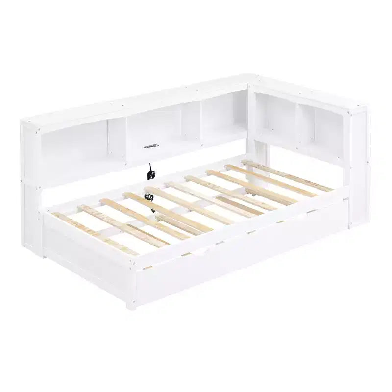FAMYYT Letto a una piazza con rotelle salvaspazio, armadietti e porte USB, facile da montare, bianco