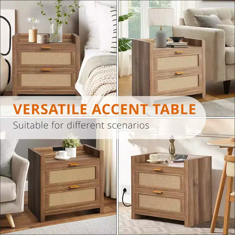 Set di 2 Comodini in Rattan con Stazione di Ricarica, Tavolini da Notte Moderni Boho con 2 Cassetti, Comodini per Camera da Letto, Studio e Soggiorno