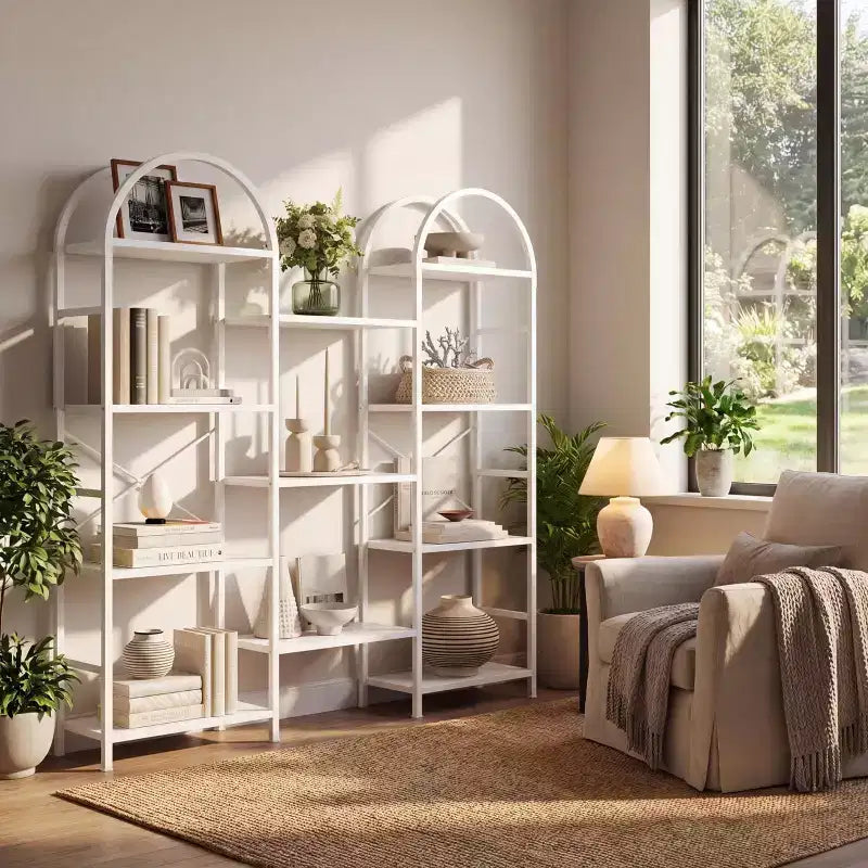 Libreria a triplo arco, scaffale aperto indipendente a 4 livelli con struttura in metallo, scaffale espositivo industriale per soggiorno, ufficio domestico