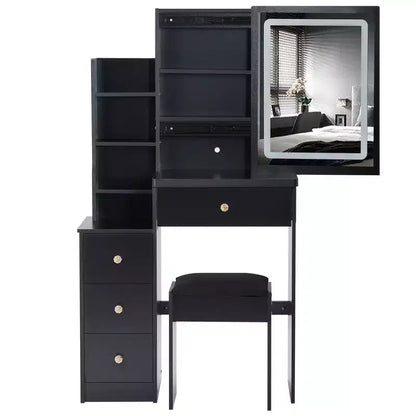 Okak Vanity Table with Drawers and Adjust LED Mirror, 29.2 Left-Side Bedside Vanity Desk with Cushioned Stool and Tri-color Switching, Black