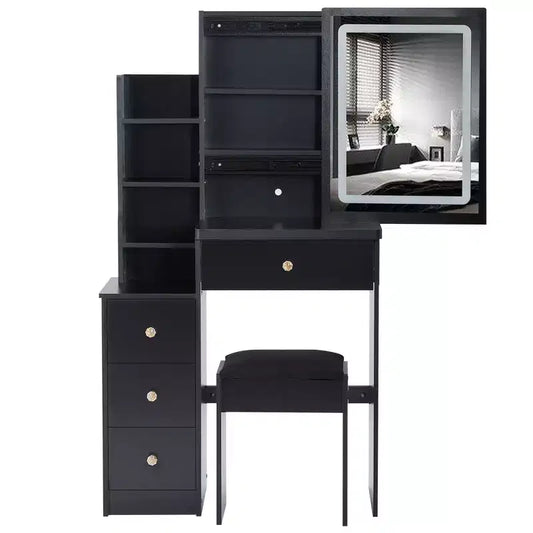 Okak Vanity Table with Drawers and Adjust LED Mirror, 29.2 Left-Side Bedside Vanity Desk with Cushioned Stool and Tri-color Switching, Black