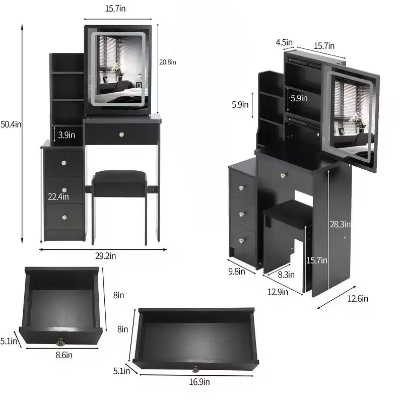 Tavolino da trucco Okak con cassetti e specchio LED regolabile, toletta comodino lato sinistro da 29.2" con sgabello imbottito e illuminazione a tre colori, nero