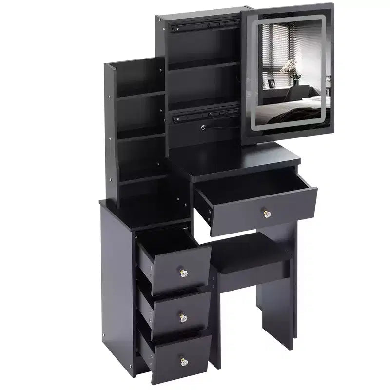 Tavolino da trucco Okak con cassetti e specchio LED regolabile, toletta comodino lato sinistro da 29.2" con sgabello imbottito e illuminazione a tre colori, nero