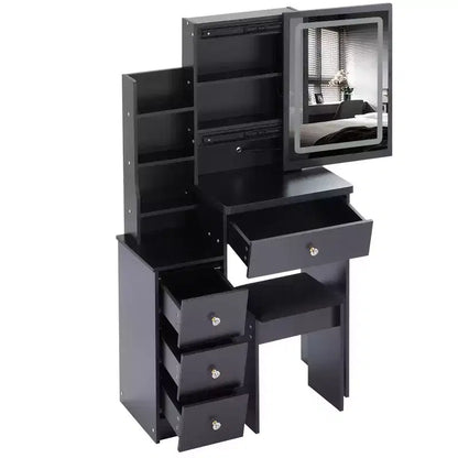Tavolino da trucco Okak con cassetti e specchio LED regolabile, toletta comodino lato sinistro da 29.2" con sgabello imbottito e illuminazione a tre colori, nero