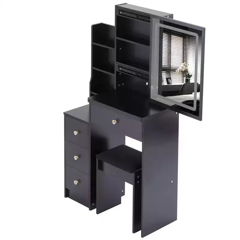 Tavolino da trucco Okak con cassetti e specchio LED regolabile, toletta comodino lato sinistro da 29.2" con sgabello imbottito e illuminazione a tre colori, nero
