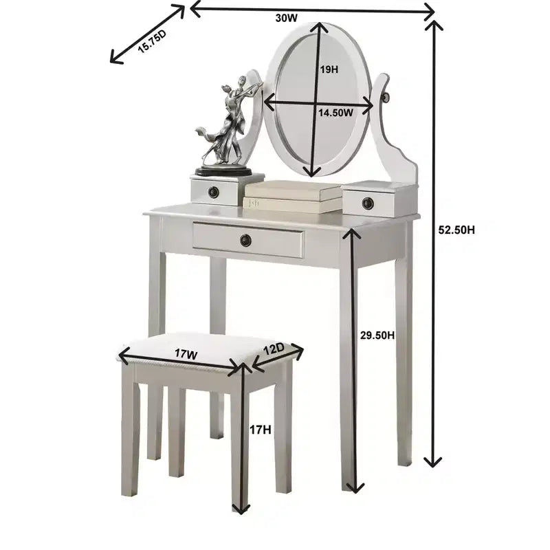 Set toeletta con specchio e sedia Okak, set tavolo e sgabello in legno per camera da letto e soggiorno, con elegante specchio ovale, bianco
