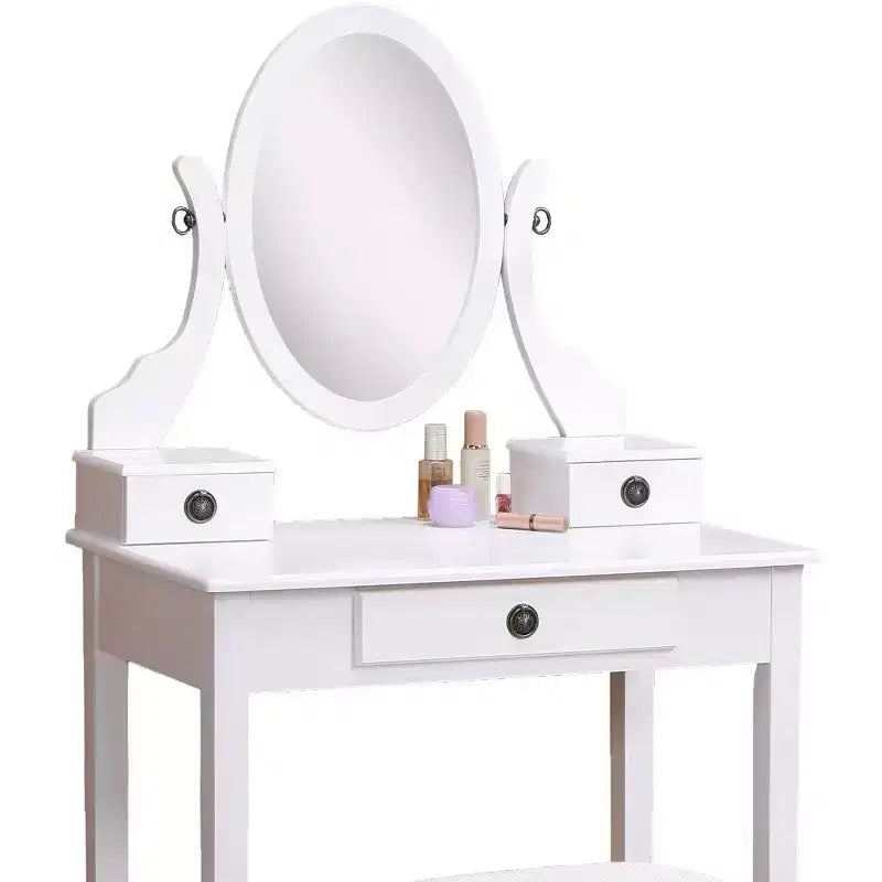 Set toeletta con specchio e sedia Okak, set tavolo e sgabello in legno per camera da letto e soggiorno, con elegante specchio ovale, bianco