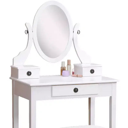 Set toeletta con specchio e sedia Okak, set tavolo e sgabello in legno per camera da letto e soggiorno, con elegante specchio ovale, bianco