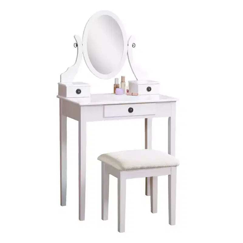 Set toeletta con specchio e sedia Okak, set tavolo e sgabello in legno per camera da letto e soggiorno, con elegante specchio ovale, bianco