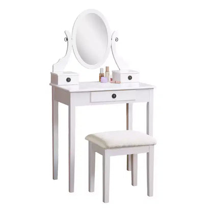 Set toeletta con specchio e sedia Okak, set tavolo e sgabello in legno per camera da letto e soggiorno, con elegante specchio ovale, bianco