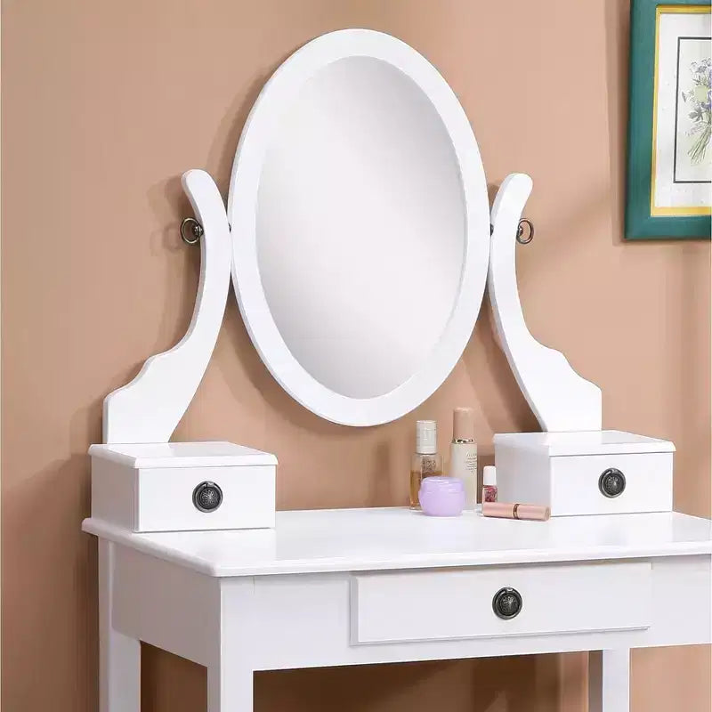 Set toeletta con specchio e sedia Okak, set tavolo e sgabello in legno per camera da letto e soggiorno, con elegante specchio ovale, bianco