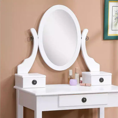 Set toeletta con specchio e sedia Okak, set tavolo e sgabello in legno per camera da letto e soggiorno, con elegante specchio ovale, bianco