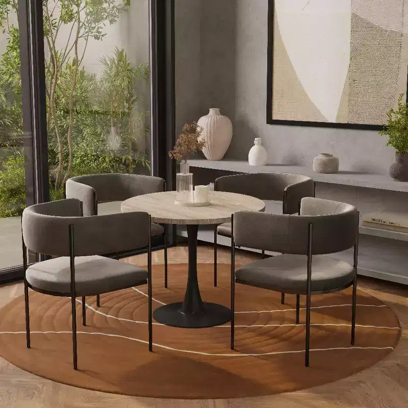LeisureMod Bristol, tavolo da pranzo rotondo da 27 pollici, piano in pietra sinterizzata, base a piedistallo in acciaio nero, tavolino da caffè accentato per cucina e piccoli spazi