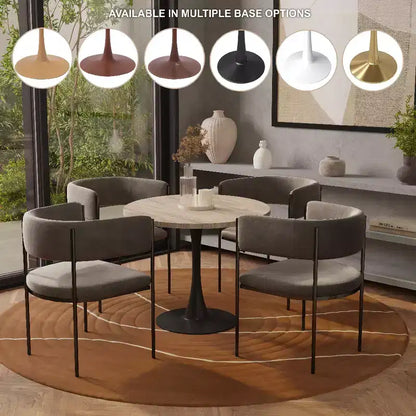 LeisureMod Bristol, tavolo da pranzo rotondo da 27 pollici, piano in pietra sinterizzata, base a piedistallo in acciaio nero, tavolino da caffè accentato per cucina e piccoli spazi
