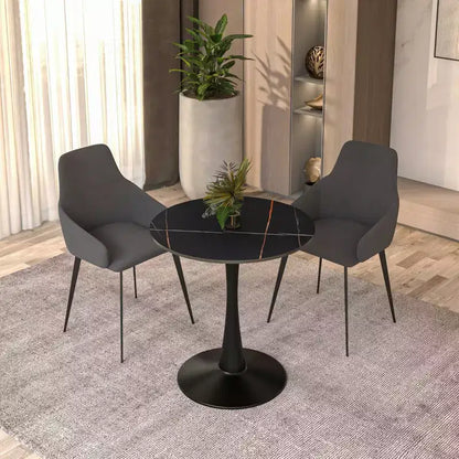 LeisureMod Bristol, tavolo da pranzo rotondo da 27 pollici, piano in pietra sinterizzata, base a piedistallo in acciaio nero, tavolino da caffè accentato per cucina e piccoli spazi