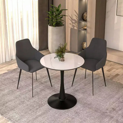 LeisureMod Bristol, tavolo da pranzo rotondo da 27 pollici, piano in pietra sinterizzata, base a piedistallo in acciaio nero, tavolino da caffè accentato per cucina e piccoli spazi