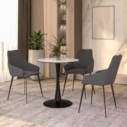 LeisureMod Bristol, tavolo da pranzo rotondo da 27 pollici, piano in pietra sinterizzata, base a piedistallo in acciaio nero, tavolino da caffè accentato per cucina e piccoli spazi