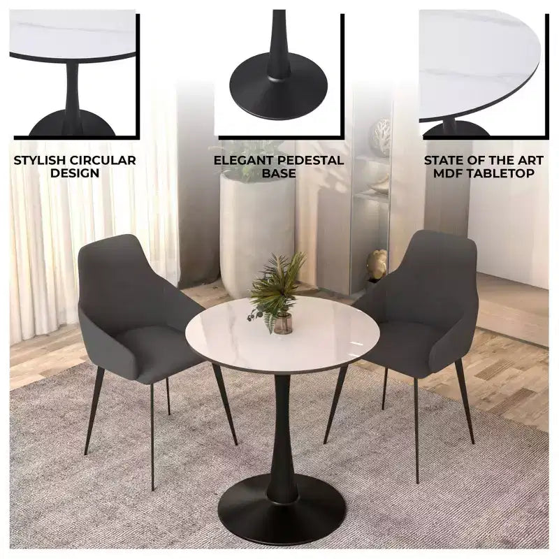 LeisureMod Bristol, tavolo da pranzo rotondo da 27 pollici, piano in pietra sinterizzata, base a piedistallo in acciaio nero, tavolino da caffè accentato per cucina e piccoli spazi
