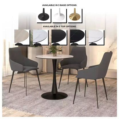 LeisureMod Bristol, tavolo da pranzo rotondo da 27 pollici, piano in pietra sinterizzata, base a piedistallo in acciaio nero, tavolino da caffè accentato per cucina e piccoli spazi