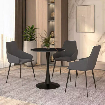 LeisureMod Bristol, tavolo da pranzo rotondo da 27 pollici, piano in pietra sinterizzata, base a piedistallo in acciaio nero, tavolino da caffè accentato per cucina e piccoli spazi