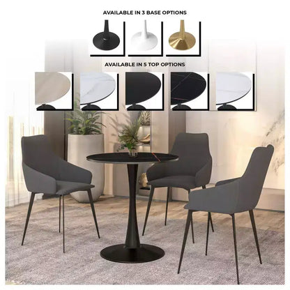 LeisureMod Bristol, tavolo da pranzo rotondo da 27 pollici, piano in pietra sinterizzata, base a piedistallo in acciaio nero, tavolino da caffè accentato per cucina e piccoli spazi