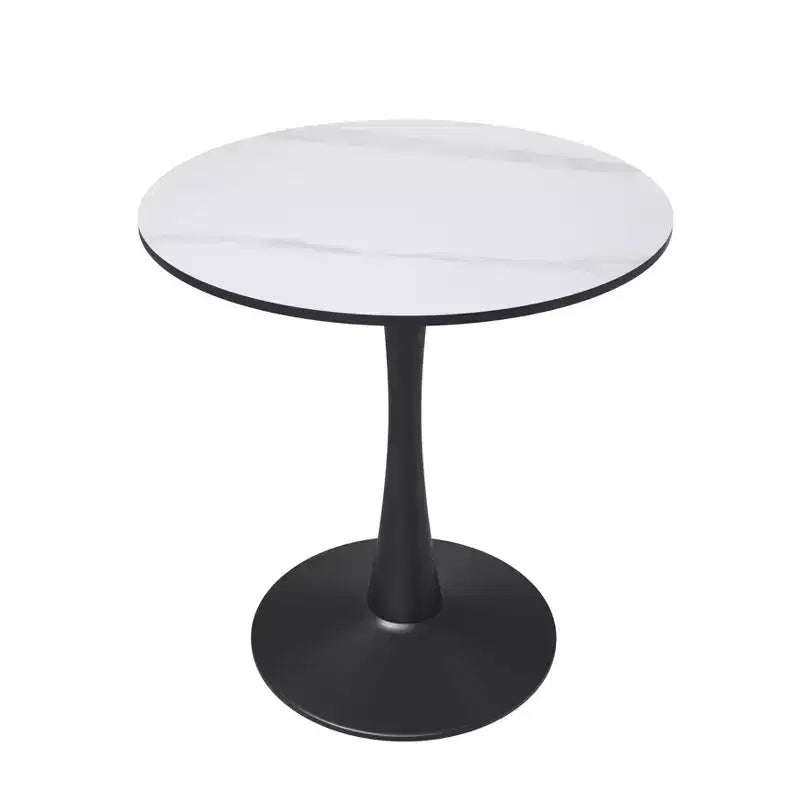 LeisureMod Bristol, tavolo da pranzo rotondo da 27 pollici, piano in pietra sinterizzata, base a piedistallo in acciaio nero, tavolino da caffè accentato per cucina e piccoli spazi