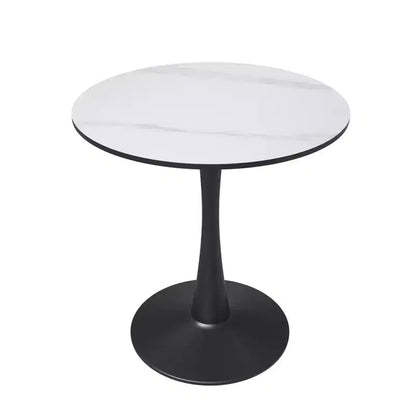 LeisureMod Bristol, tavolo da pranzo rotondo da 27 pollici, piano in pietra sinterizzata, base a piedistallo in acciaio nero, tavolino da caffè accentato per cucina e piccoli spazi