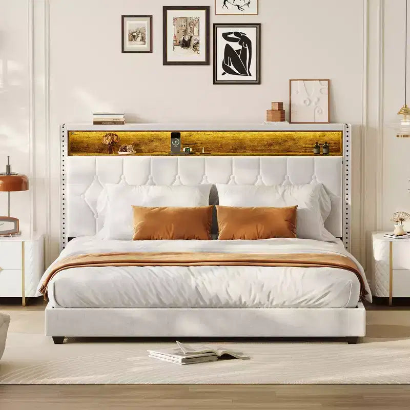 CuisinSmart Base letto, Telaio letto imbottito con testiera e stazione di ricarica, Nessuna necessità di box spring, Facile da montare, Supporto con doghe in legno