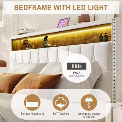 CuisinSmart Base letto, Telaio letto imbottito con testiera e stazione di ricarica, Nessuna necessità di box spring, Facile da montare, Supporto con doghe in legno