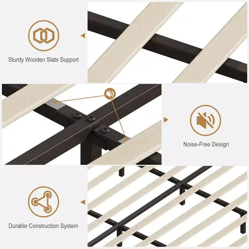 CuisinSmart Base letto, Telaio letto imbottito con testiera e stazione di ricarica, Nessuna necessità di box spring, Facile da montare, Supporto con doghe in legno