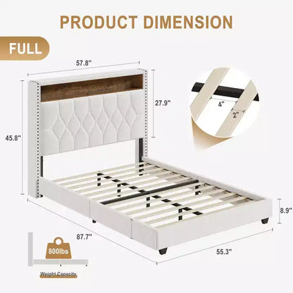 CuisinSmart Base letto, Telaio letto imbottito con testiera e stazione di ricarica, Nessuna necessità di box spring, Facile da montare, Supporto con doghe in legno
