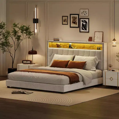 CuisinSmart Base letto, Telaio letto imbottito con testiera e stazione di ricarica, Nessuna necessità di box spring, Facile da montare, Supporto con doghe in legno