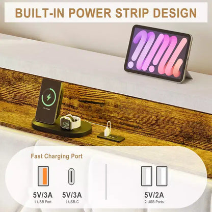 CuisinSmart Base letto, Telaio letto imbottito con testiera e stazione di ricarica, Nessuna necessità di box spring, Facile da montare, Supporto con doghe in legno
