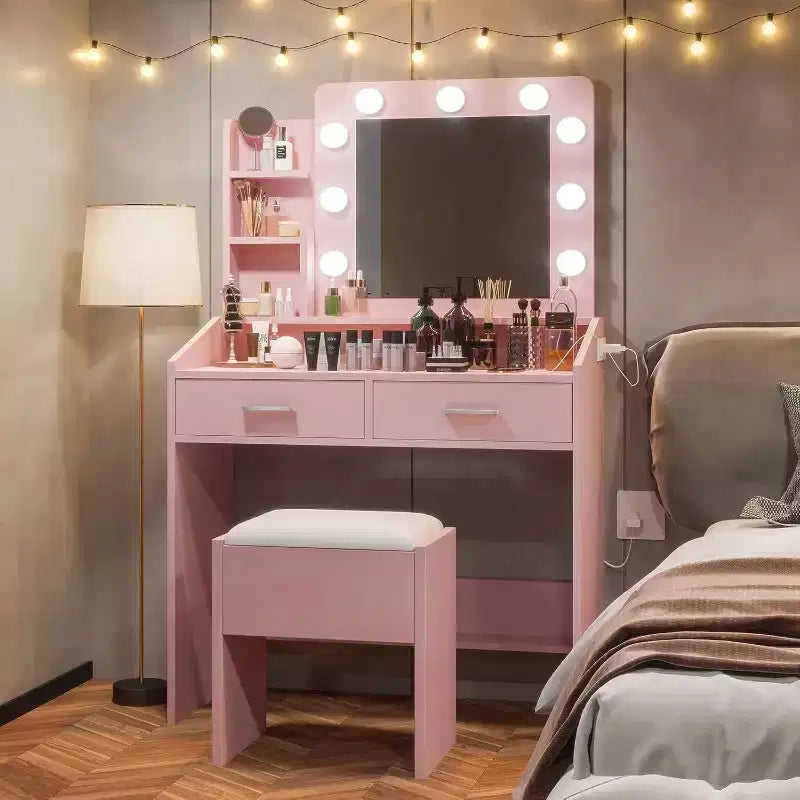 Moderna toletta trucco con specchio, luci integrate, 4 cassetti, pomelli a sfera di cristallo, presa di corrente, scrivania trucco bianca per camera da letto