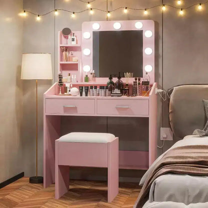 Moderna toletta trucco con specchio, luci integrate, 4 cassetti, pomelli a sfera di cristallo, presa di corrente, scrivania trucco bianca per camera da letto