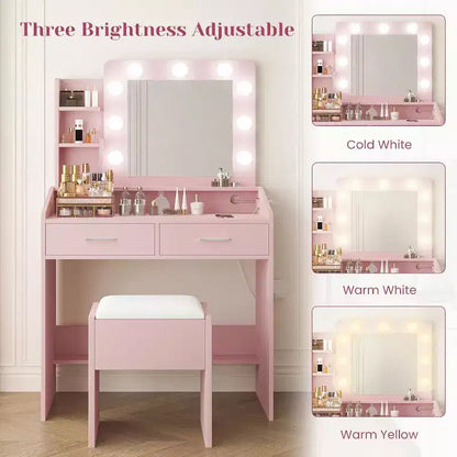 Moderna toletta trucco con specchio, luci integrate, 4 cassetti, pomelli a sfera di cristallo, presa di corrente, scrivania trucco bianca per camera da letto