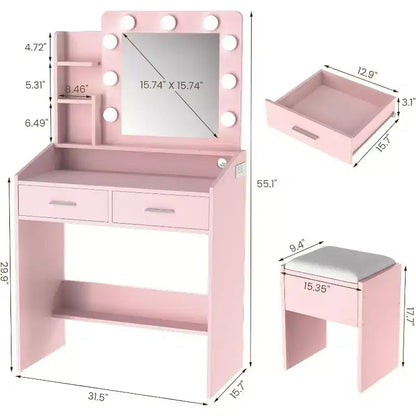 Moderna toletta trucco con specchio, luci integrate, 4 cassetti, pomelli a sfera di cristallo, presa di corrente, scrivania trucco bianca per camera da letto