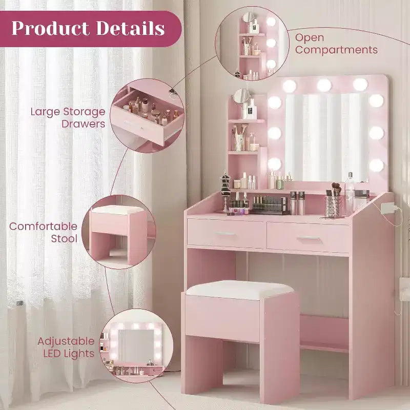 Moderna toletta trucco con specchio, luci integrate, 4 cassetti, pomelli a sfera di cristallo, presa di corrente, scrivania trucco bianca per camera da letto