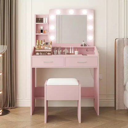 Moderna toletta trucco con specchio, luci integrate, 4 cassetti, pomelli a sfera di cristallo, presa di corrente, scrivania trucco bianca per camera da letto