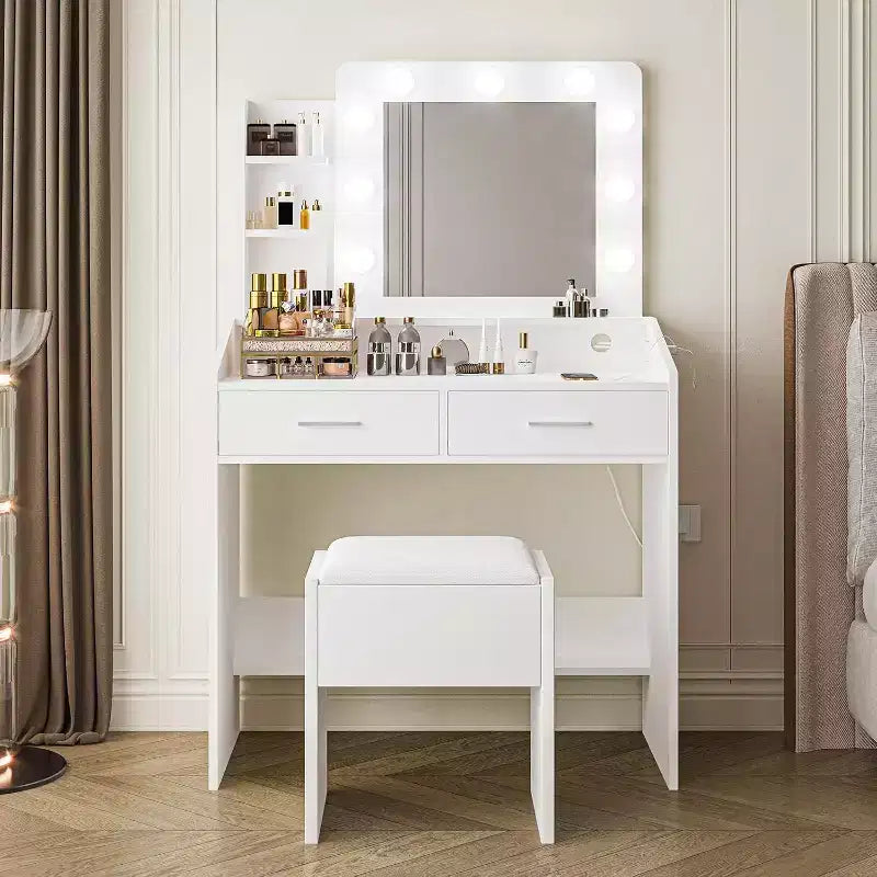Moderna toletta trucco con specchio, luci integrate, 4 cassetti, pomelli a sfera di cristallo, presa di corrente, scrivania trucco bianca per camera da letto