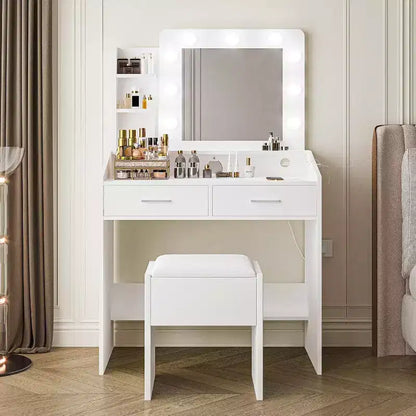Moderna toletta trucco con specchio, luci integrate, 4 cassetti, pomelli a sfera di cristallo, presa di corrente, scrivania trucco bianca per camera da letto