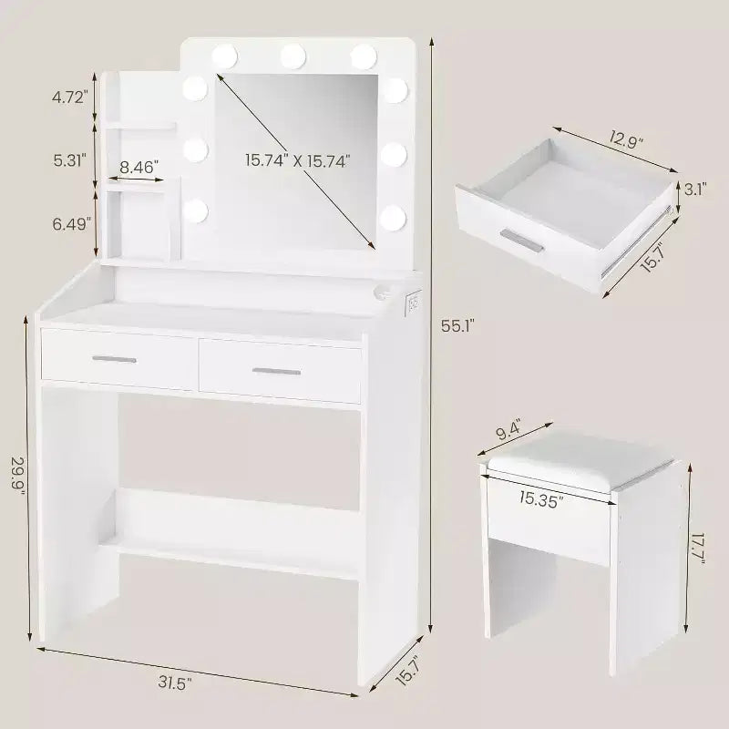 Moderna toletta trucco con specchio, luci integrate, 4 cassetti, pomelli a sfera di cristallo, presa di corrente, scrivania trucco bianca per camera da letto