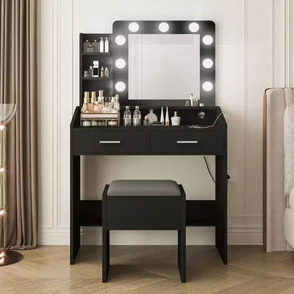Moderna toletta trucco con specchio, luci integrate, 4 cassetti, pomelli a sfera di cristallo, presa di corrente, scrivania trucco bianca per camera da letto