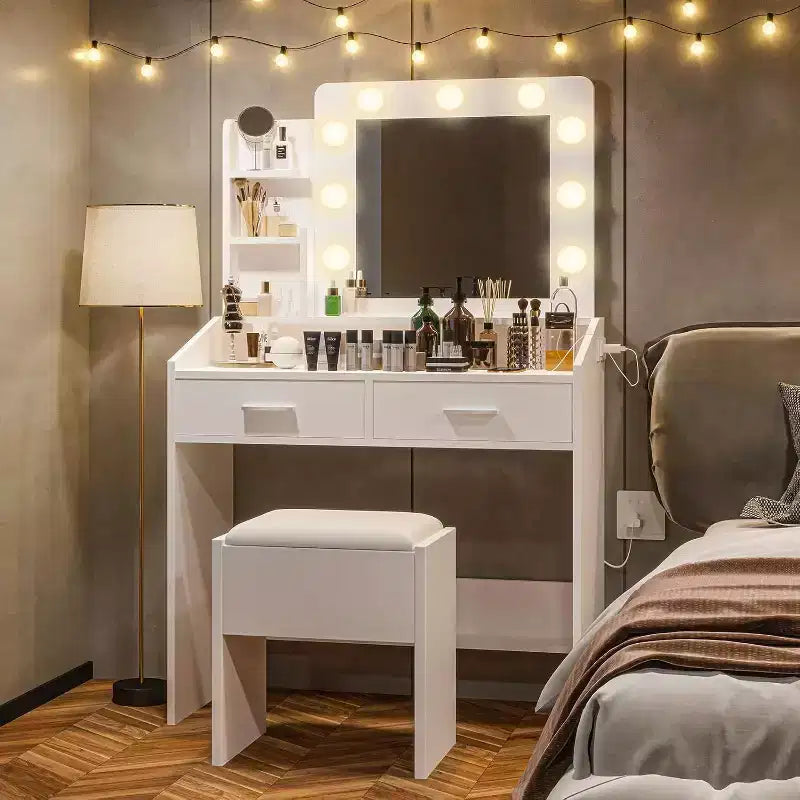 Moderna toletta trucco con specchio, luci integrate, 4 cassetti, pomelli a sfera di cristallo, presa di corrente, scrivania trucco bianca per camera da letto