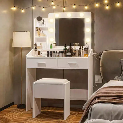 Moderna toletta trucco con specchio, luci integrate, 4 cassetti, pomelli a sfera di cristallo, presa di corrente, scrivania trucco bianca per camera da letto