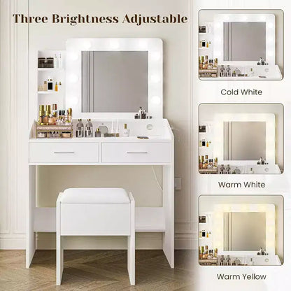 Moderna toletta trucco con specchio, luci integrate, 4 cassetti, pomelli a sfera di cristallo, presa di corrente, scrivania trucco bianca per camera da letto