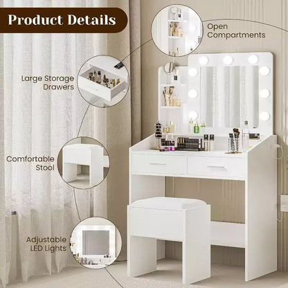 Moderna toletta trucco con specchio, luci integrate, 4 cassetti, pomelli a sfera di cristallo, presa di corrente, scrivania trucco bianca per camera da letto