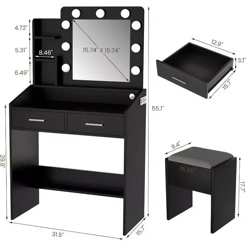 Moderna toletta trucco con specchio, luci integrate, 4 cassetti, pomelli a sfera di cristallo, presa di corrente, scrivania trucco bianca per camera da letto
