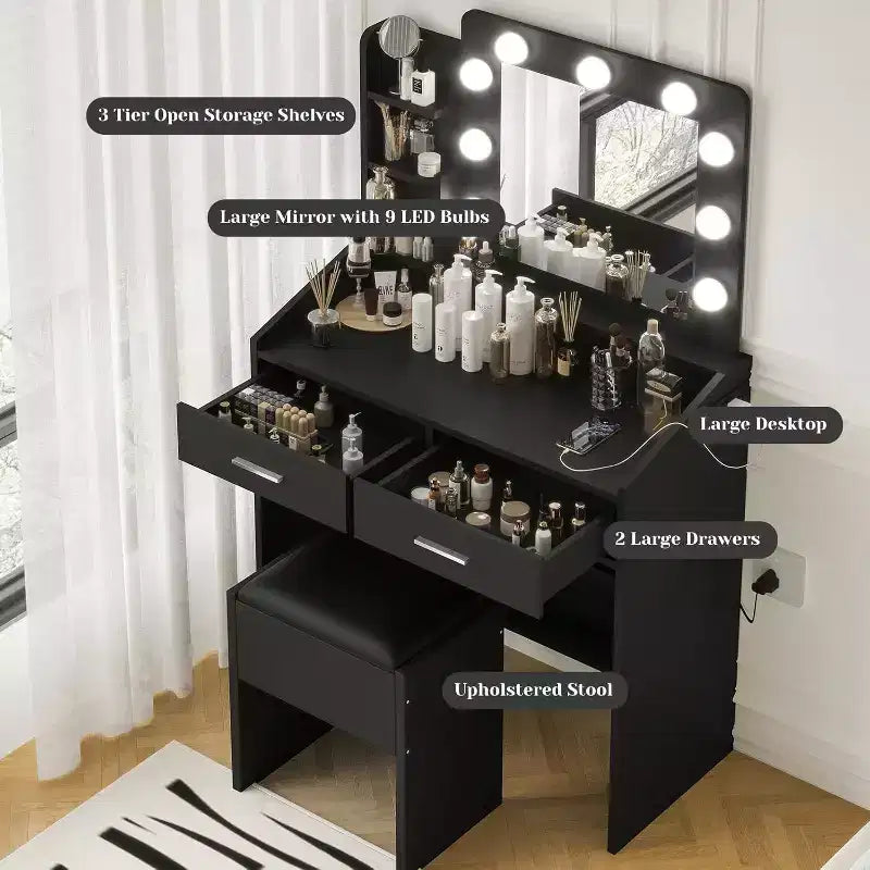 Moderna toletta trucco con specchio, luci integrate, 4 cassetti, pomelli a sfera di cristallo, presa di corrente, scrivania trucco bianca per camera da letto